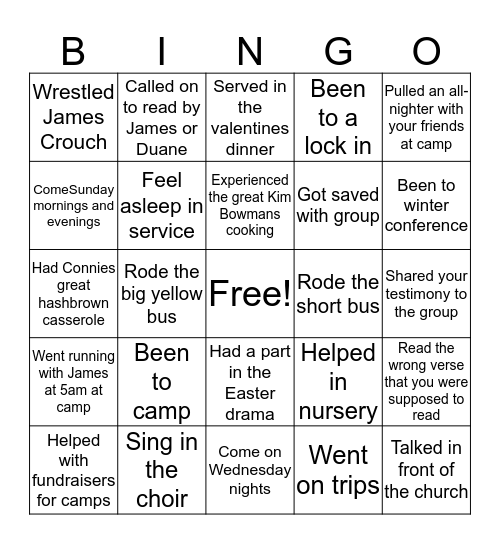 Strong Tower Baptist Youth Bingo Card