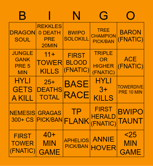 FNC vs OG Game 4 Bingo Card