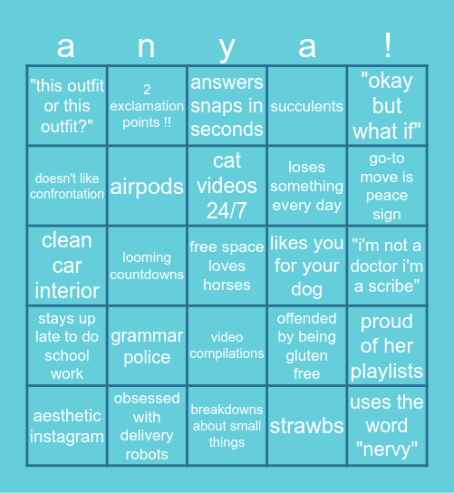 Anya Bingo by Sam Bingo Card