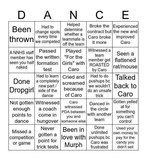 THE REAL DANCE TEAM BINGO Card
