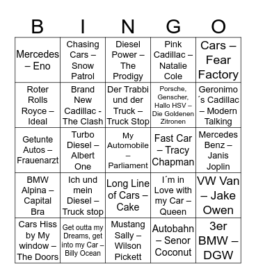 Baby, you can drive my car Bingo Card