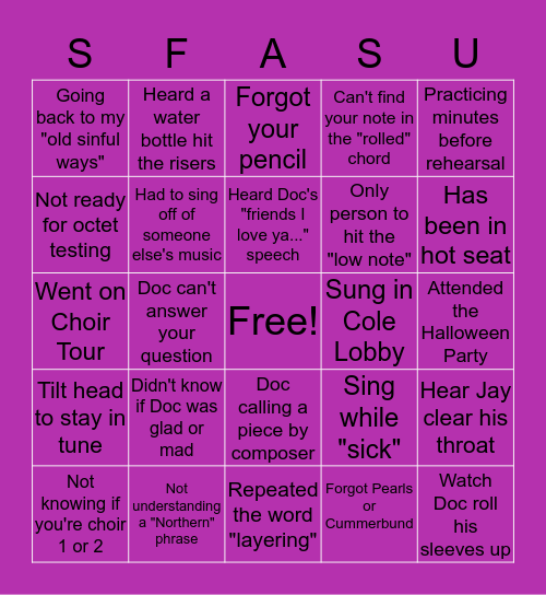 A Cappella Choir Bingo Card