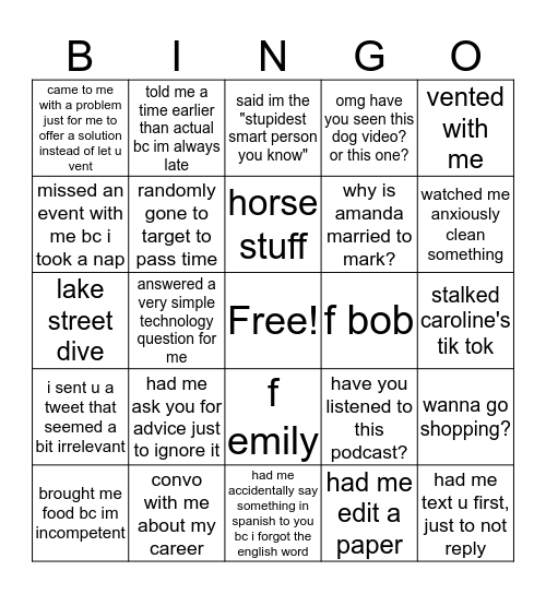 Being Friends with Ellie BINGO Card