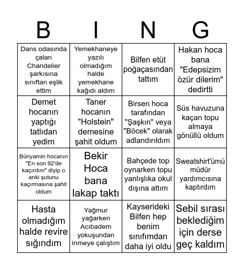 Bilfen Lisesi Bingo Card