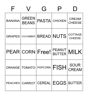 FOOD GROUP Bingo Card