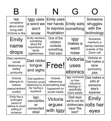 Family Zoom Bingo Card