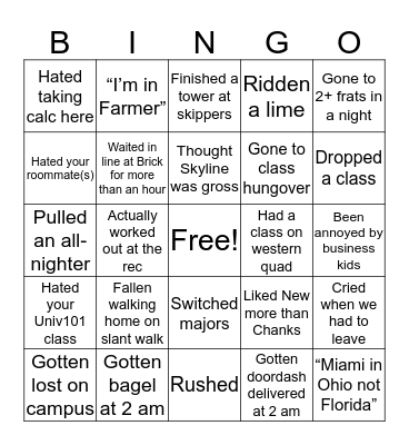 Freshman Year Bingo Card