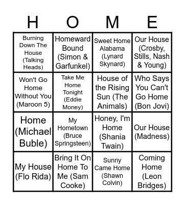 Home House Homecoming Bingo Card