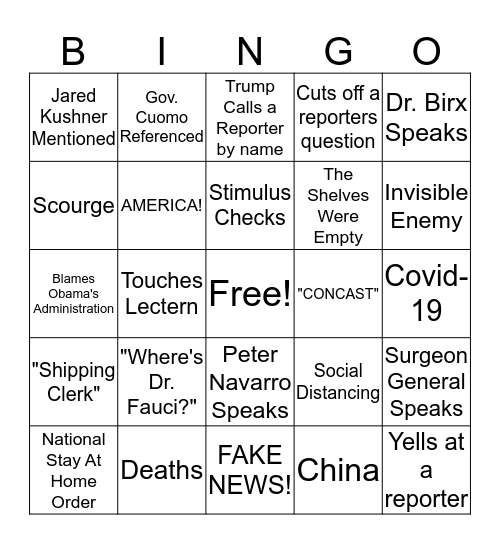 Corona Virus Task Force Briefing Bingo Card