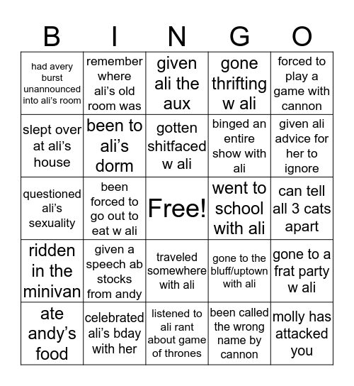 ali bingo Card