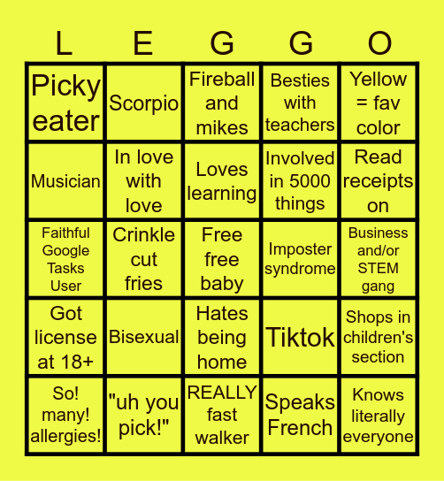 Raindrop Bingo Card