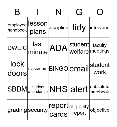 Team PAHS August Staff Development Bingo Card