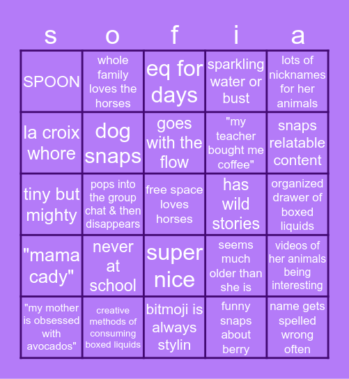 sofia bingo by sam Bingo Card