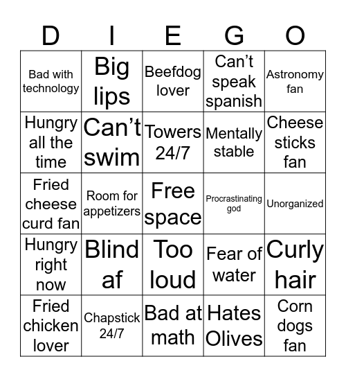 DIEGO Bingo Card