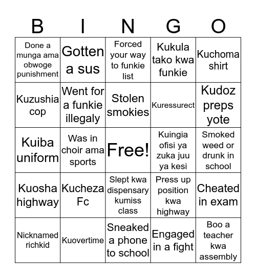 Mangu High Bingo Card