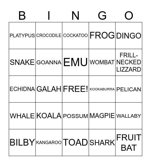 Australia Bingo Card