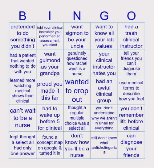 nursing school bingo Card