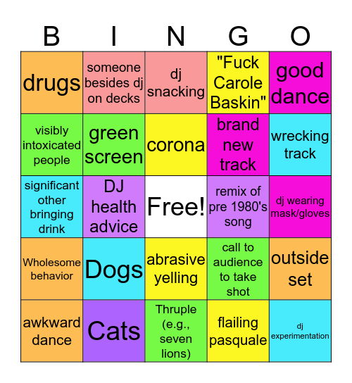 Corona Rave Bingo Card