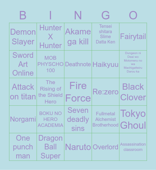 ANIME Bingo Card