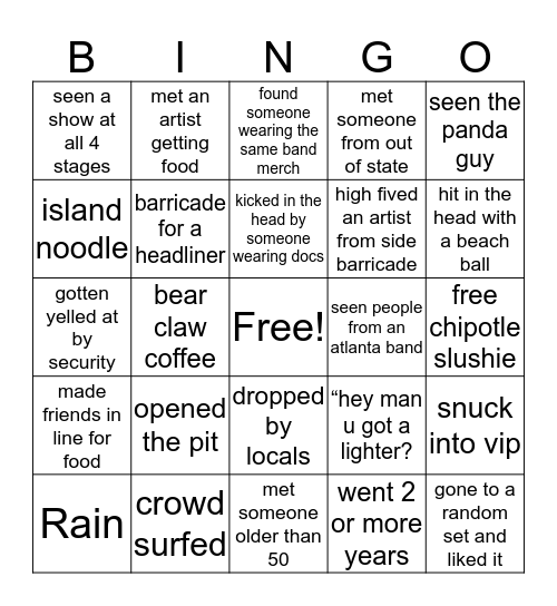 Shaky Knees!!!! Bingo Card