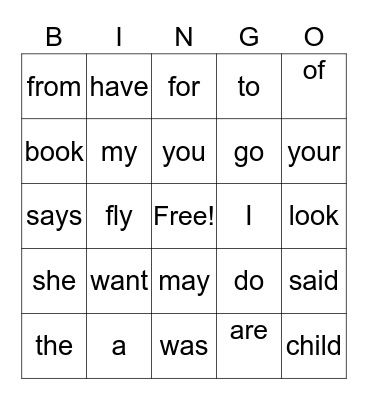 Sight Words Bingo Card