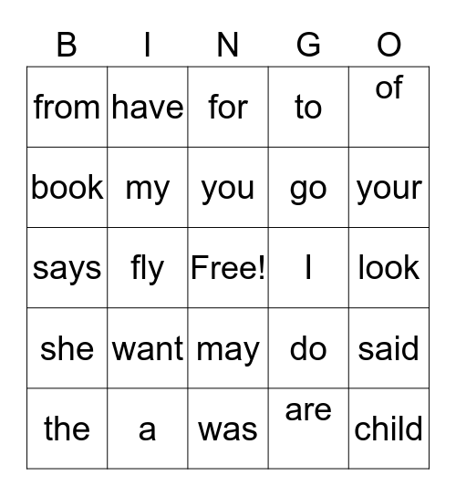 Sight Words Bingo Card