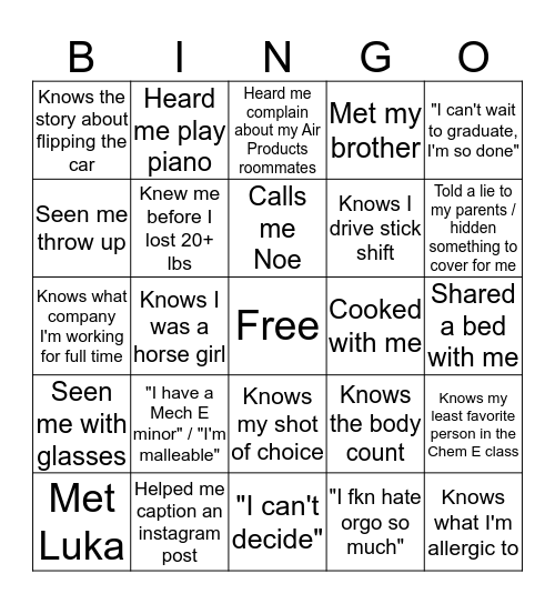 Noelle's Bingo Card