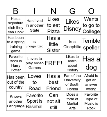 Getting to know me Bingo Card
