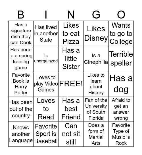 Getting to know me Bingo Card
