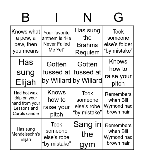 FPC Jackson Choir Bingo Card