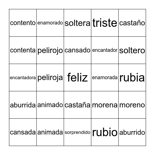 Lección 4, Una fiesta, los adjetivos            by Carmen Andérico Bingo Card