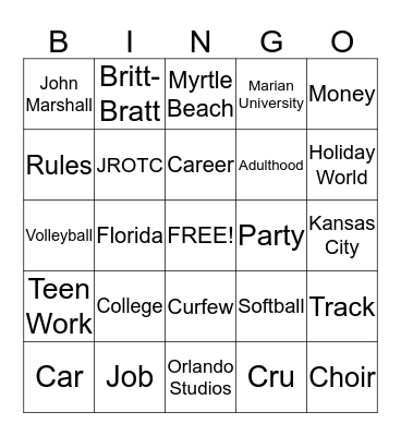 2015 Graduation Bingo Card