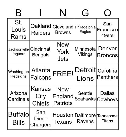 NFL BINGO Card