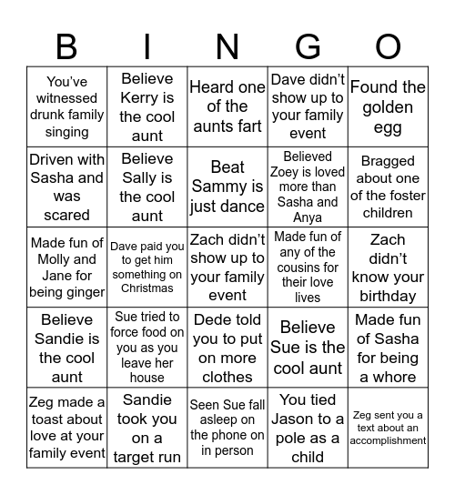 Cousin Bingo Card