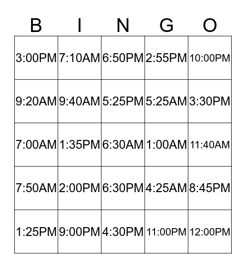 WHAT TIME IS IT? Bingo Card