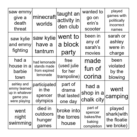 Spencer Bingo Card