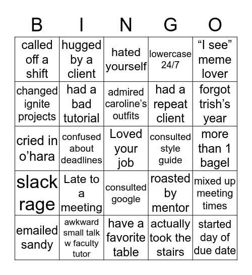 Writing Center Peer Intern Bingo Card