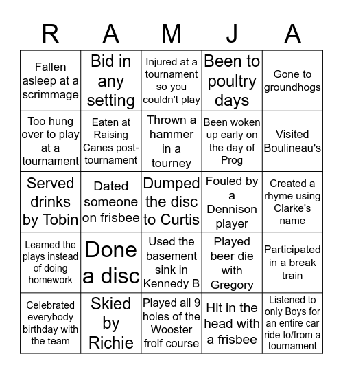 RAMJAM Bingo!!!! Bingo Card