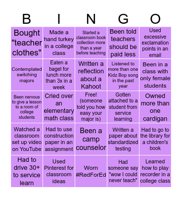 Elementary Education Major Bingo Card