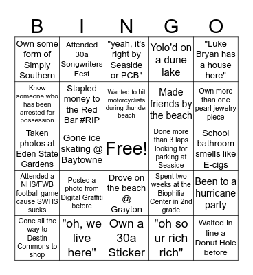 Grew up in South Walton Check Bingo Card