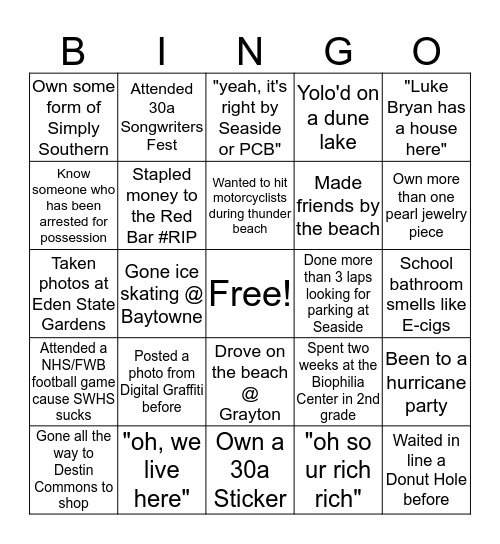 Grew up in South Walton Check Bingo Card