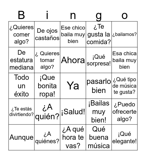 Lección 4, Una fiesta, expresiones comunes           by Carmen Andérico Bingo Card