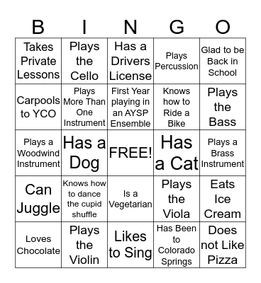 Youth Concert Orchestra Bingo Card