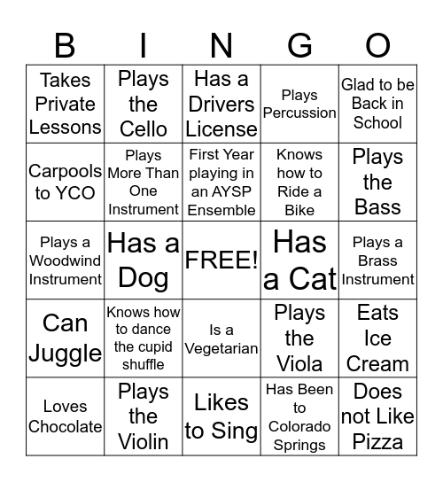 Youth Concert Orchestra Bingo Card