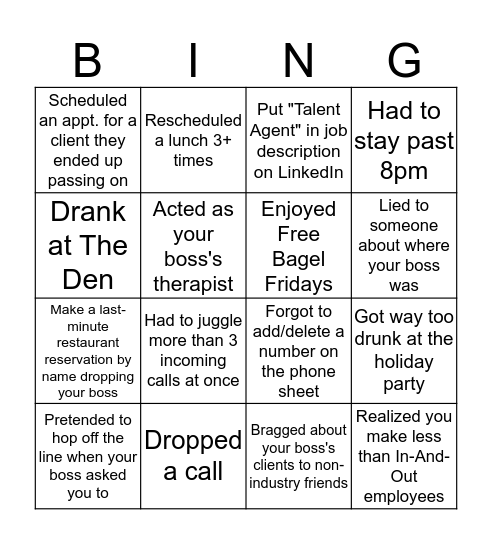 Hollywood Assistant Bingo Card