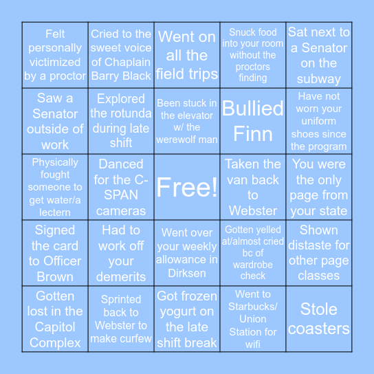 Senate Page Bingo Card