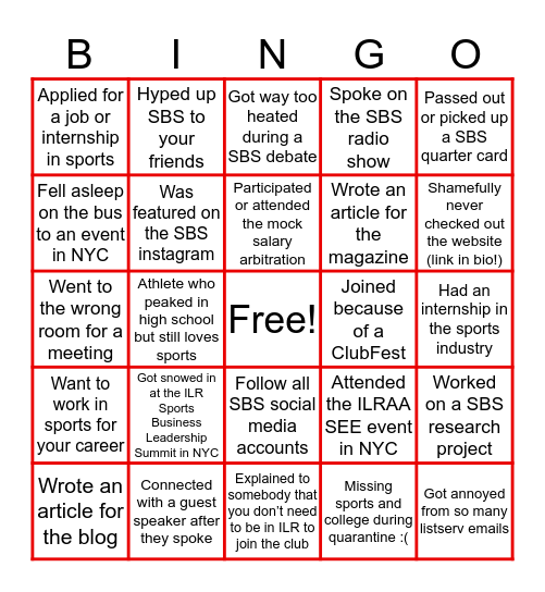 Sports Business Society Bingo Card