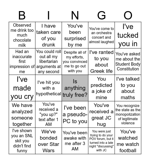 JC's Bingo Card