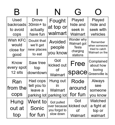 Greenville Bingo Card