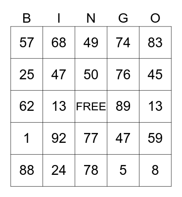 NUMBER Bingo Card
